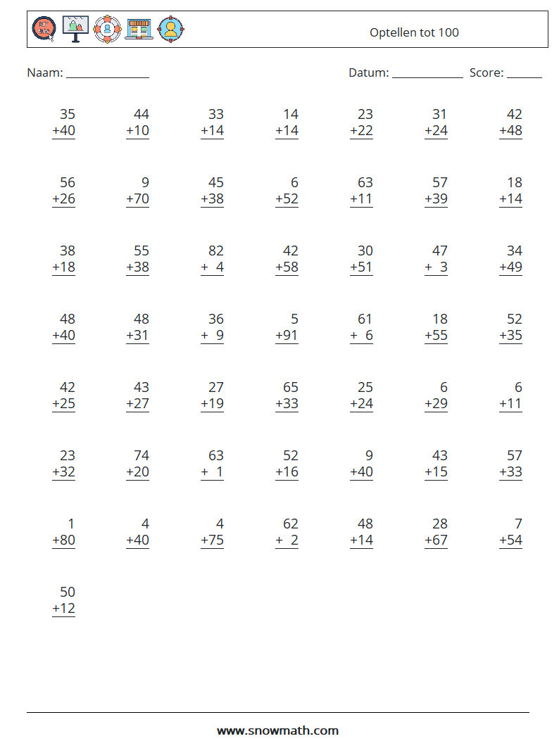 (50) Optellen tot 100 Wiskundige werkbladen 18