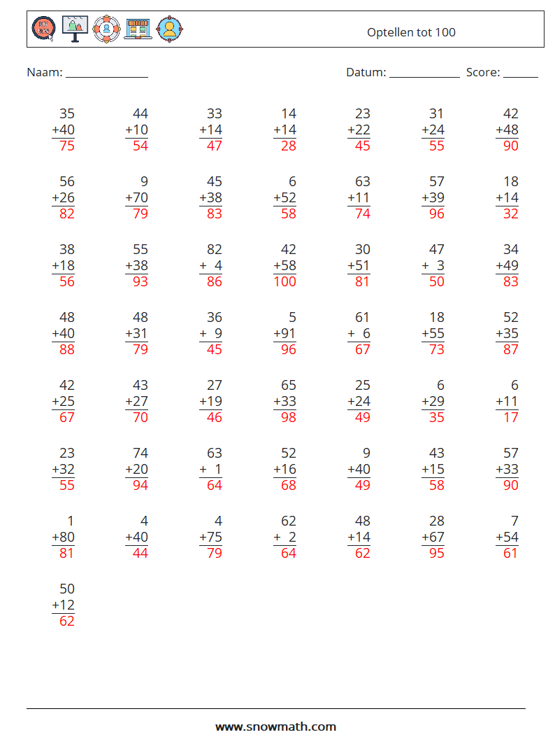 (50) Optellen tot 100 Wiskundige werkbladen 18 Vraag, Antwoord