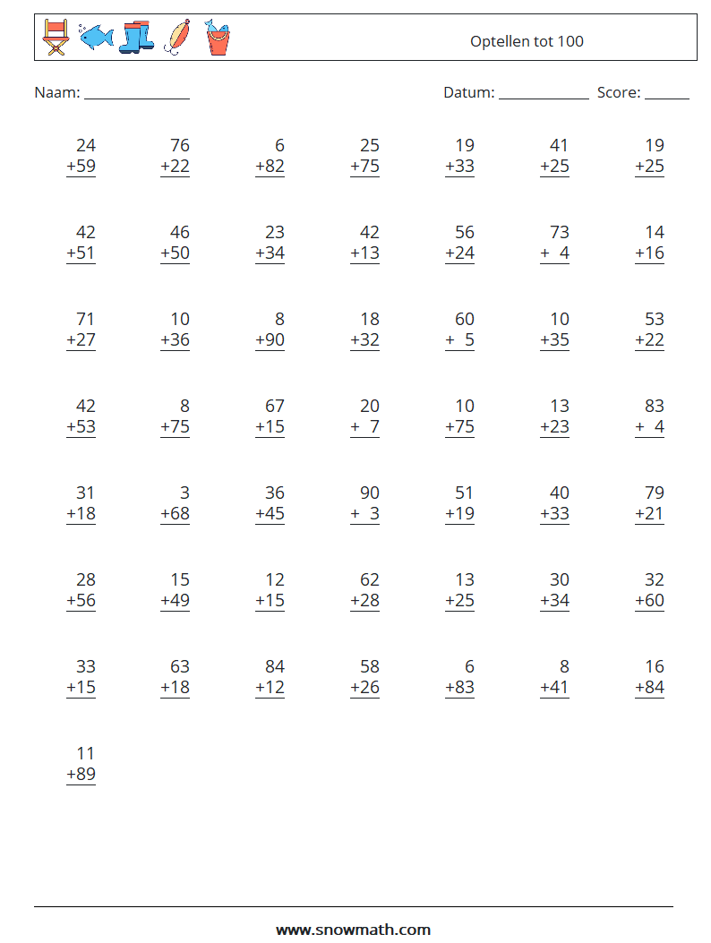 (50) Optellen tot 100 Wiskundige werkbladen 2