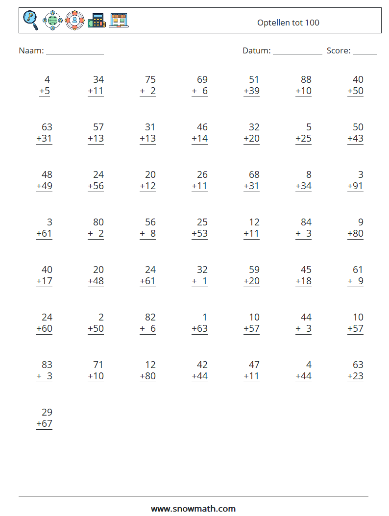 (50) Optellen tot 100 Wiskundige werkbladen 3