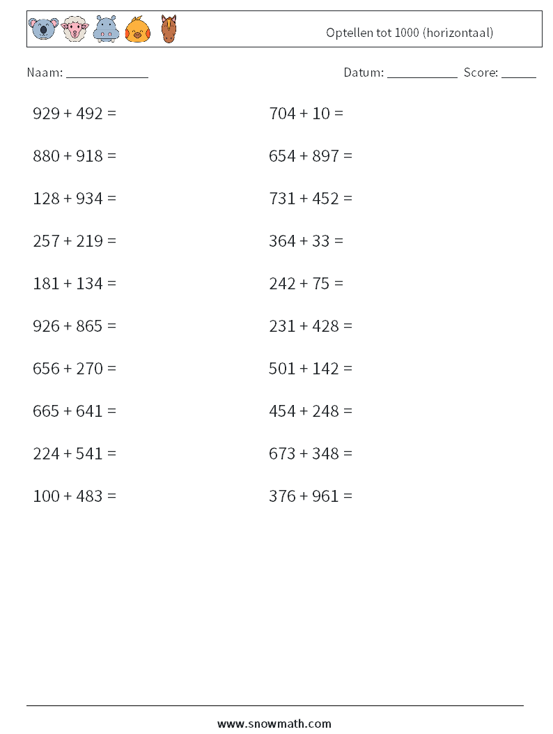 (20) Optellen tot 1000 (horizontaal) Wiskundige werkbladen 2