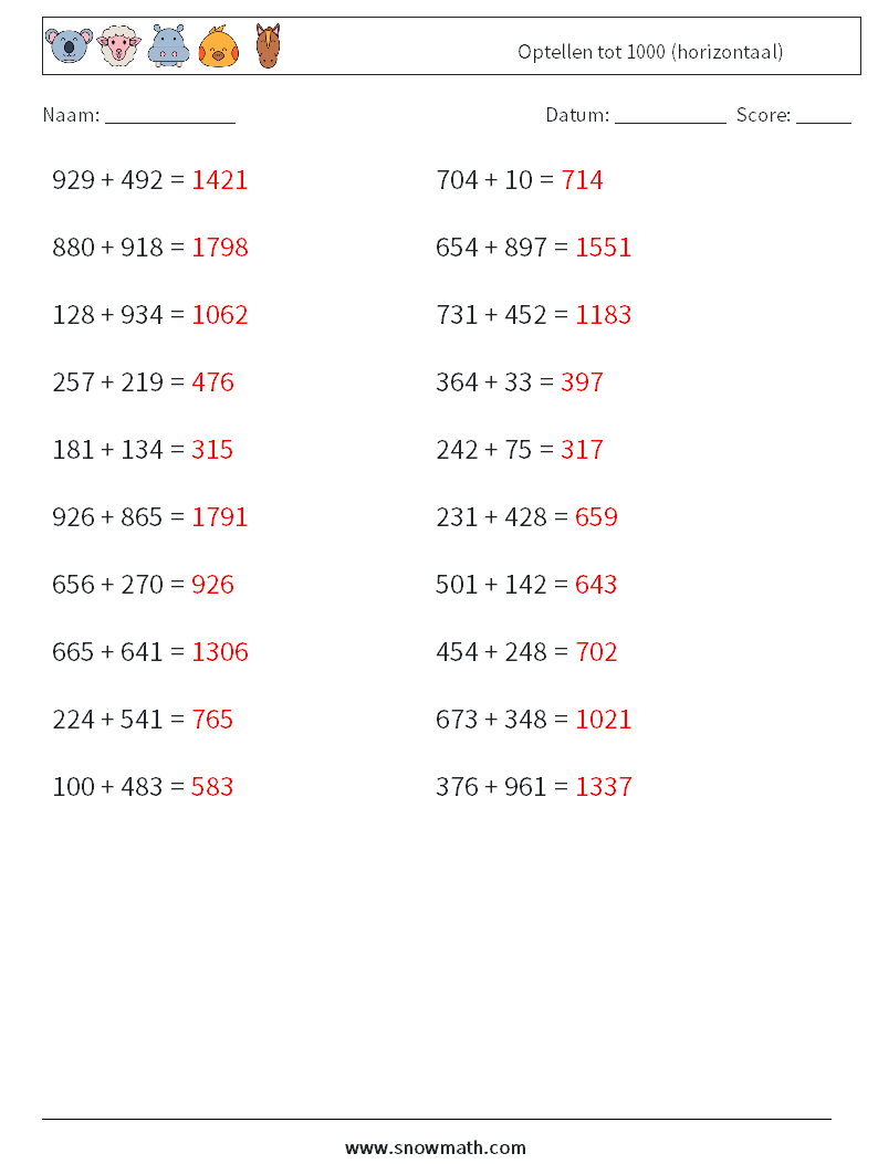 (20) Optellen tot 1000 (horizontaal) Wiskundige werkbladen 2 Vraag, Antwoord