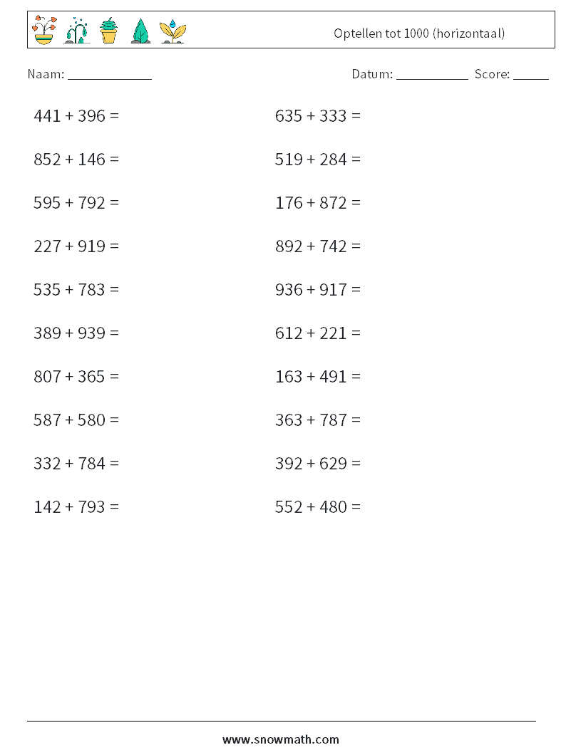 (20) Optellen tot 1000 (horizontaal) Wiskundige werkbladen 3