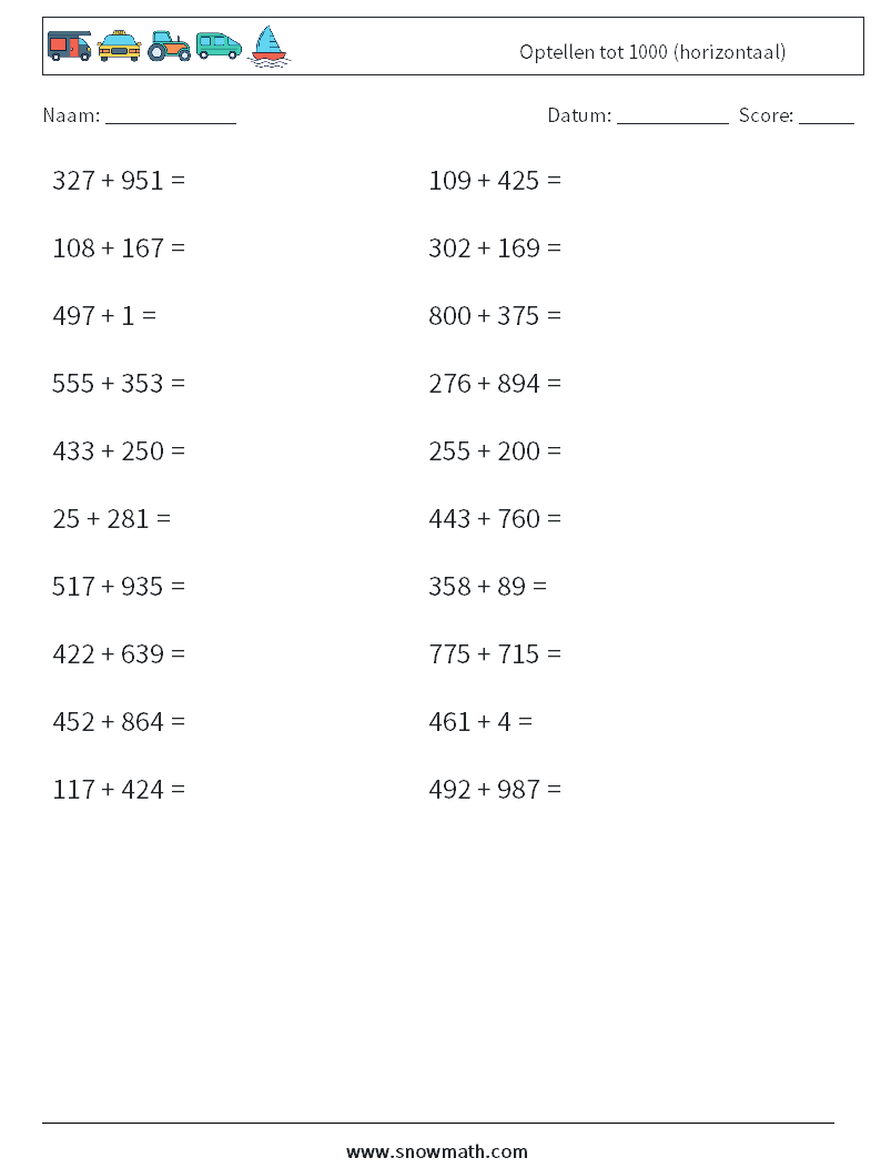 (20) Optellen tot 1000 (horizontaal) Wiskundige werkbladen 4