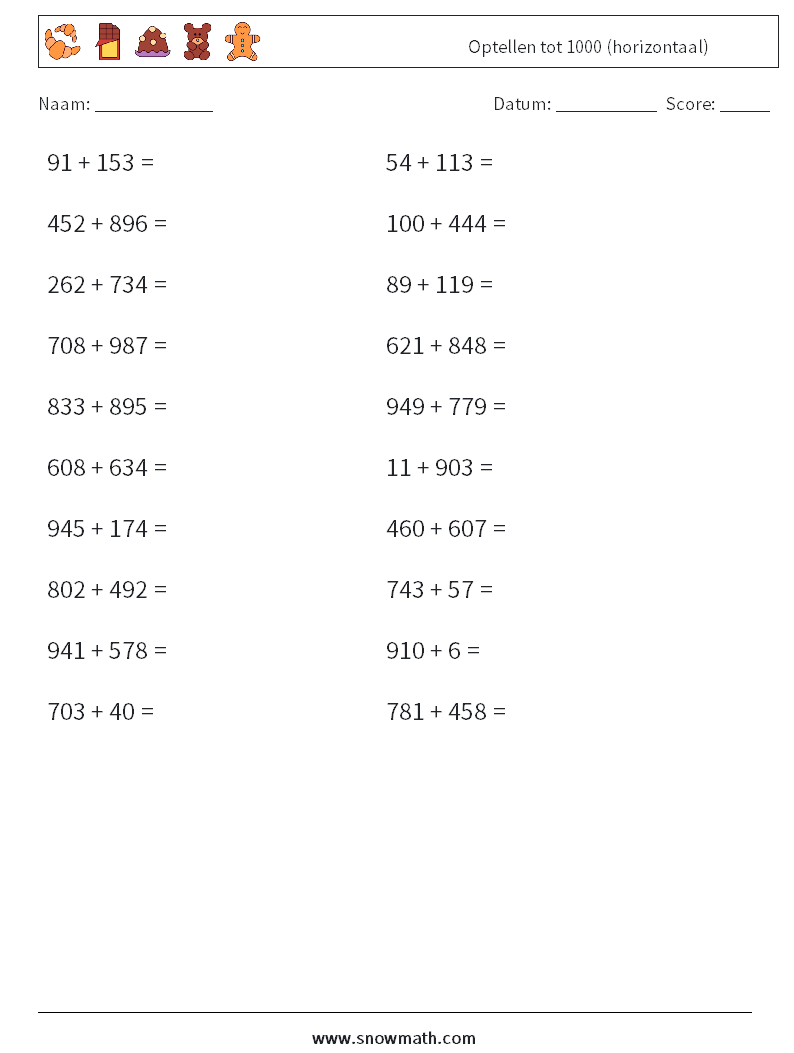 (20) Optellen tot 1000 (horizontaal) Wiskundige werkbladen 5
