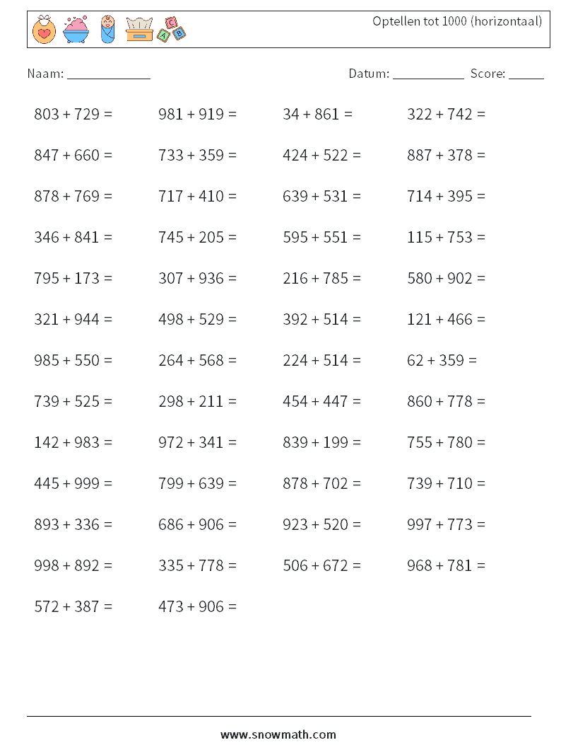 (50) Optellen tot 1000 (horizontaal) Wiskundige werkbladen 4