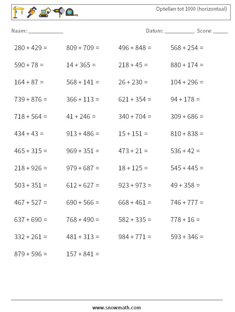 (50) Optellen tot 1000 (horizontaal) Wiskundige werkbladen 7