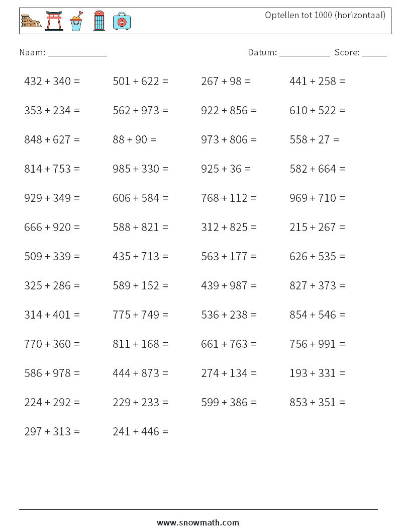 (50) Optellen tot 1000 (horizontaal) Wiskundige werkbladen 8