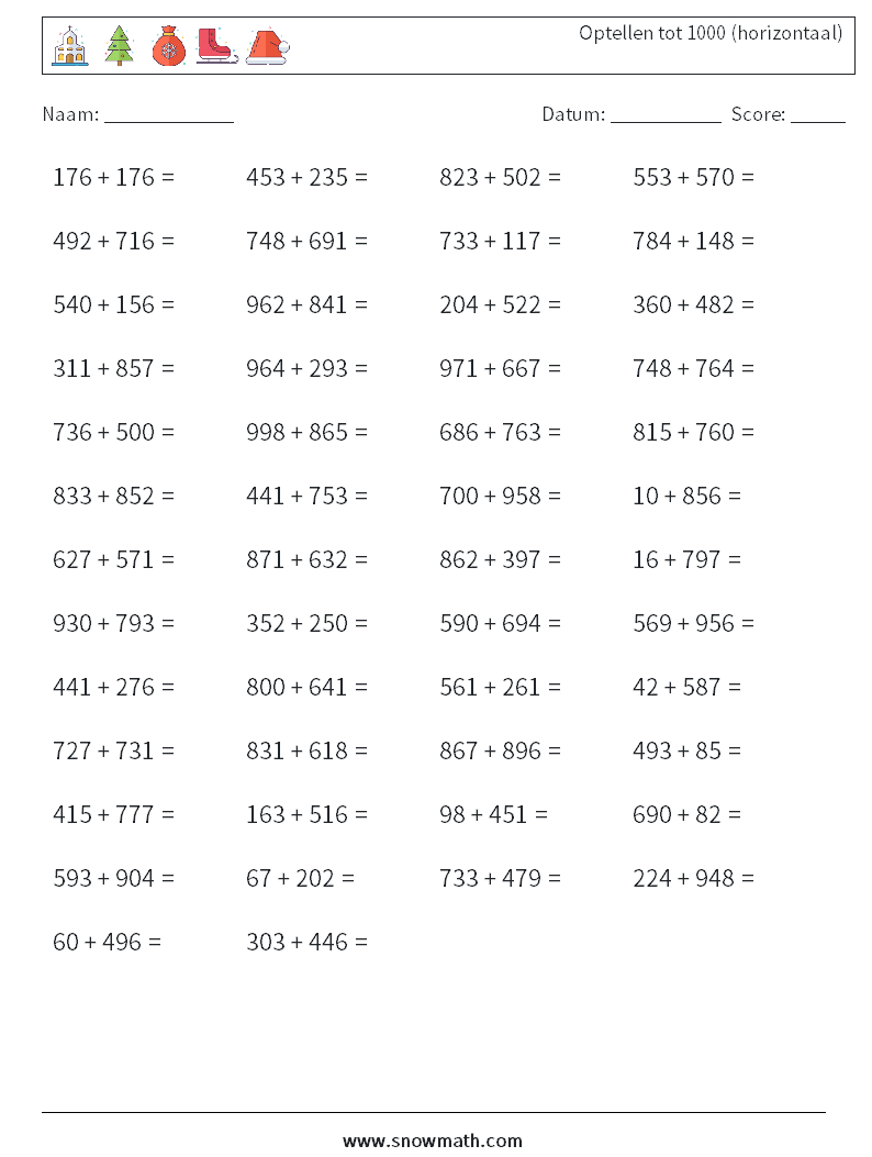(50) Optellen tot 1000 (horizontaal) Wiskundige werkbladen 9