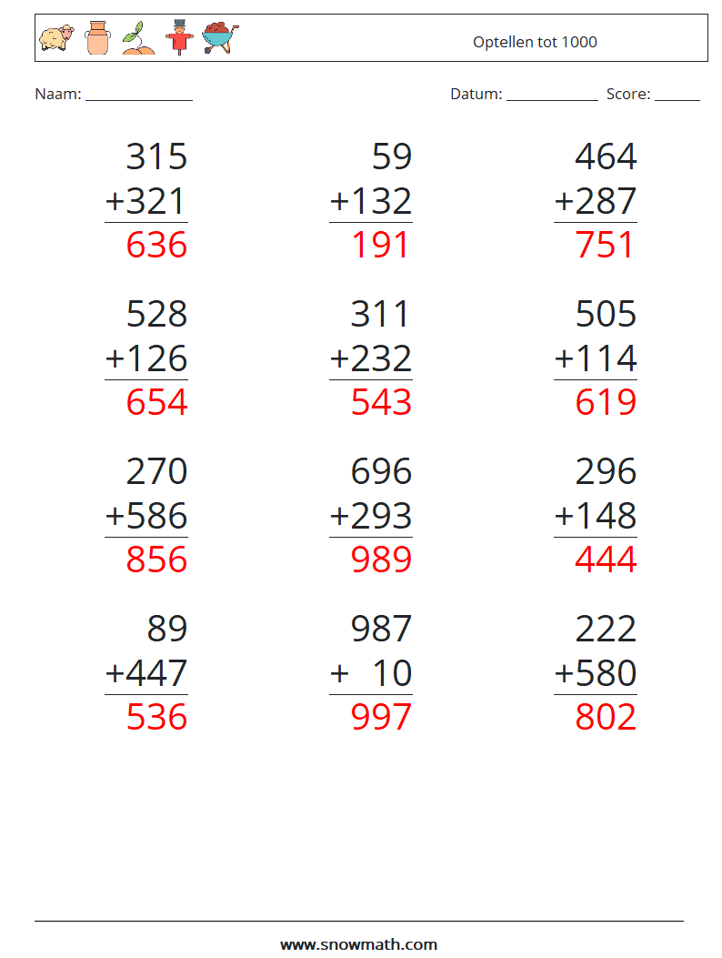 (12) Optellen tot 1000 Wiskundige werkbladen 11 Vraag, Antwoord