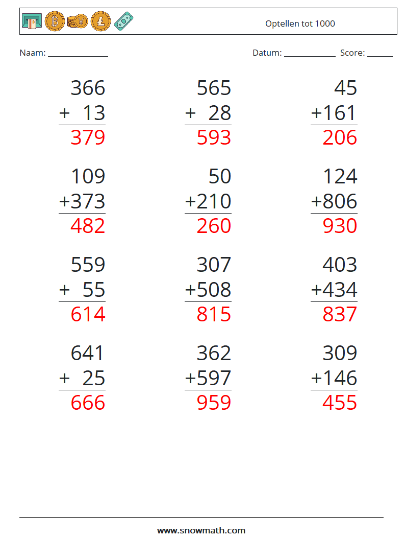 (12) Optellen tot 1000 Wiskundige werkbladen 12 Vraag, Antwoord