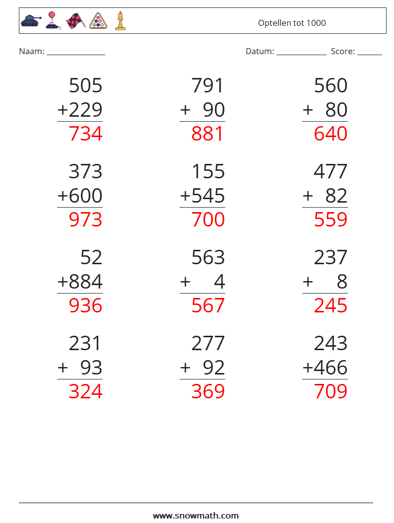 (12) Optellen tot 1000 Wiskundige werkbladen 13 Vraag, Antwoord