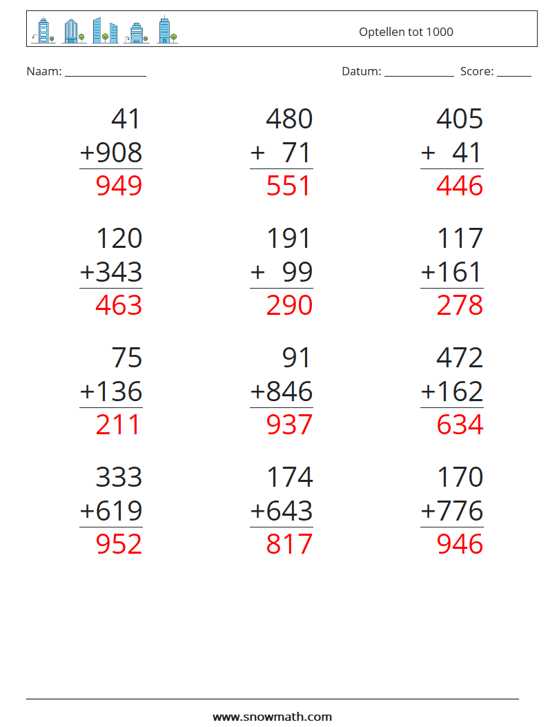 (12) Optellen tot 1000 Wiskundige werkbladen 15 Vraag, Antwoord