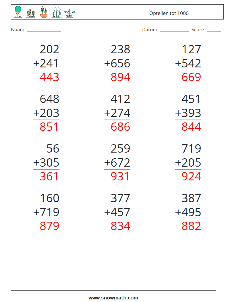 (12) Optellen tot 1000 Wiskundige werkbladen 16 Vraag, Antwoord