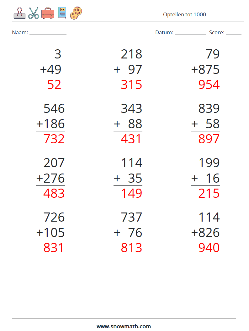 (12) Optellen tot 1000 Wiskundige werkbladen 18 Vraag, Antwoord