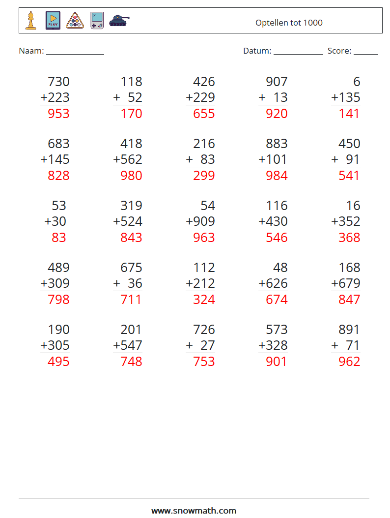 (25) Optellen tot 1000 Wiskundige werkbladen 10 Vraag, Antwoord