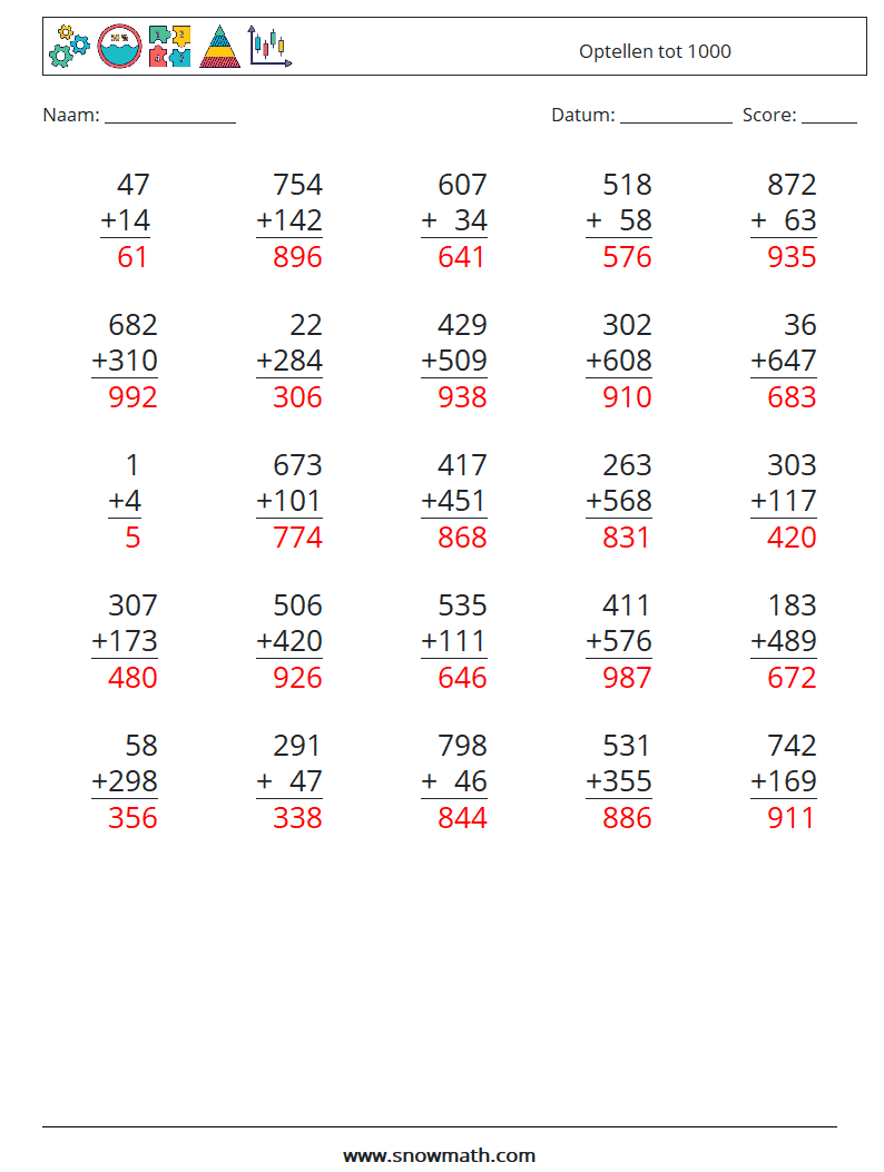 (25) Optellen tot 1000 Wiskundige werkbladen 11 Vraag, Antwoord