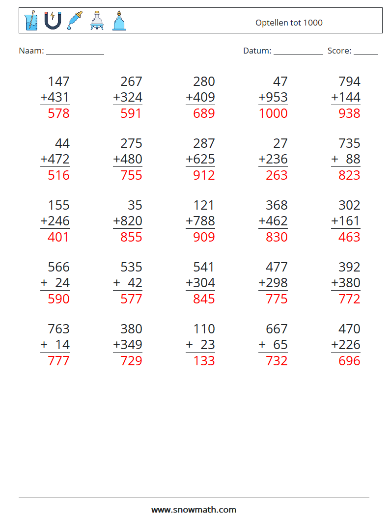 (25) Optellen tot 1000 Wiskundige werkbladen 16 Vraag, Antwoord