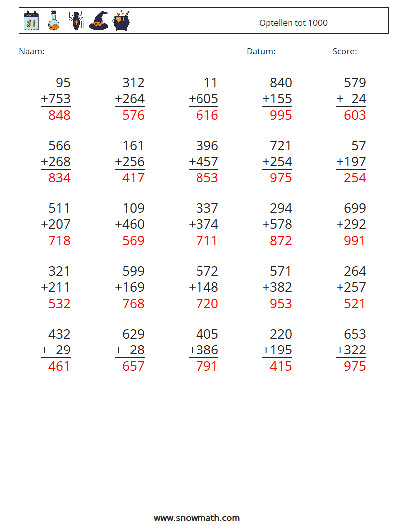 (25) Optellen tot 1000 Wiskundige werkbladen 17 Vraag, Antwoord