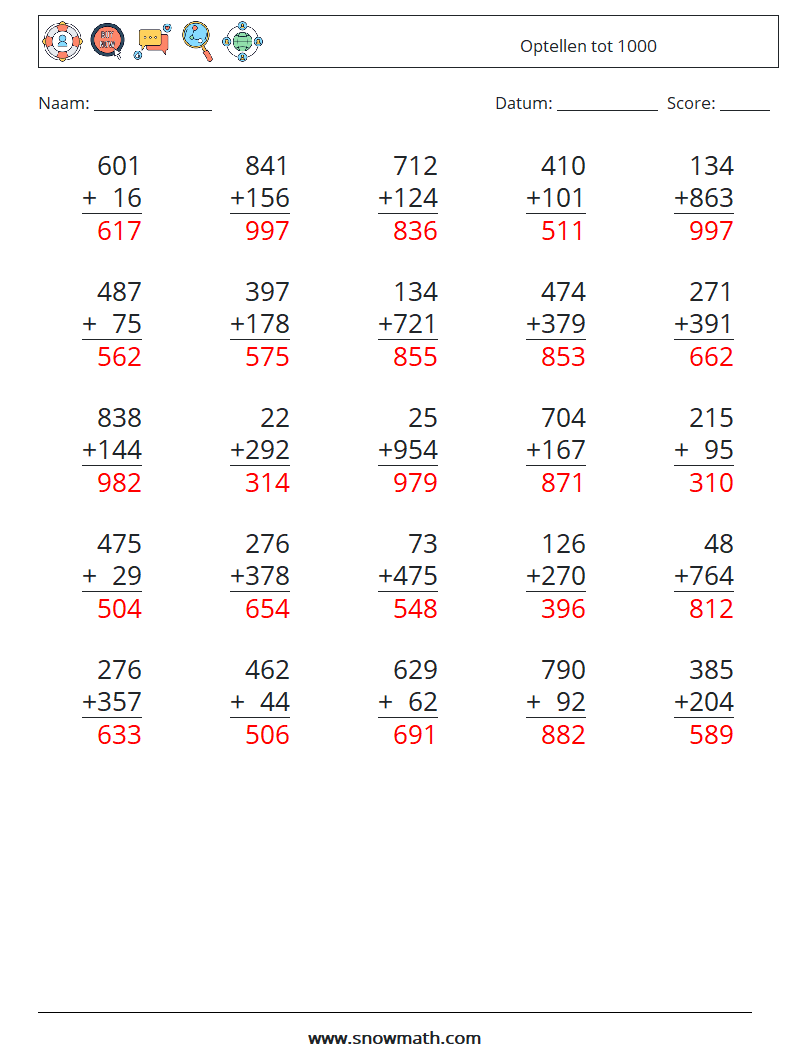 (25) Optellen tot 1000 Wiskundige werkbladen 18 Vraag, Antwoord