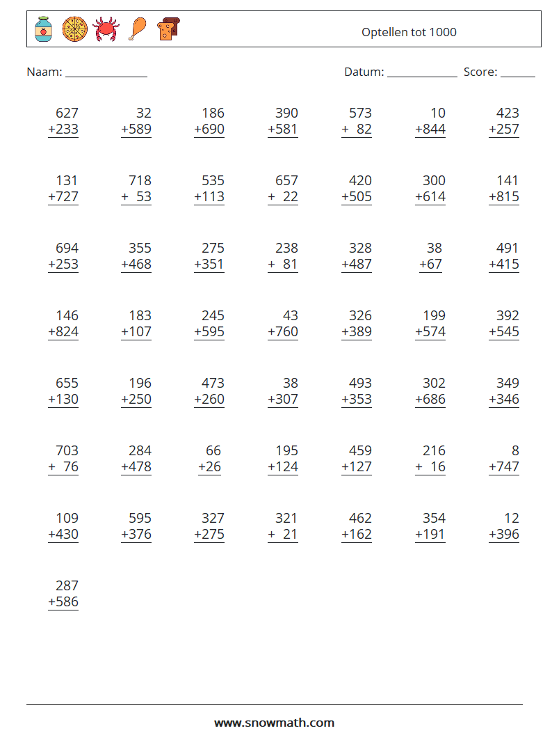 (50) Optellen tot 1000 Wiskundige werkbladen 10