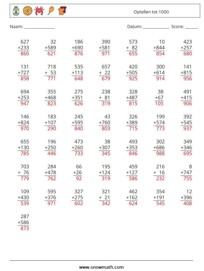 (50) Optellen tot 1000 Wiskundige werkbladen 10 Vraag, Antwoord