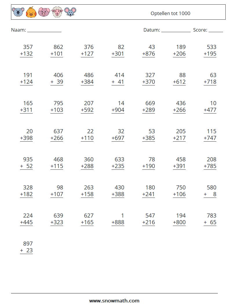 (50) Optellen tot 1000 Wiskundige werkbladen 11