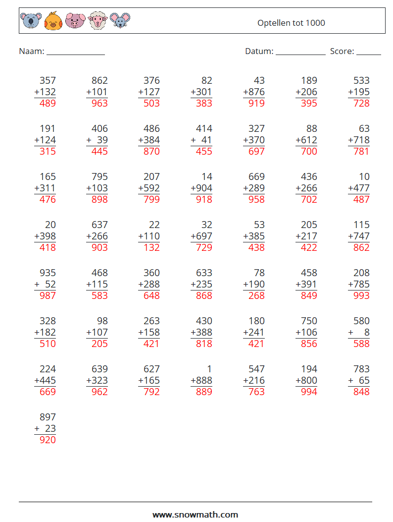 (50) Optellen tot 1000 Wiskundige werkbladen 11 Vraag, Antwoord