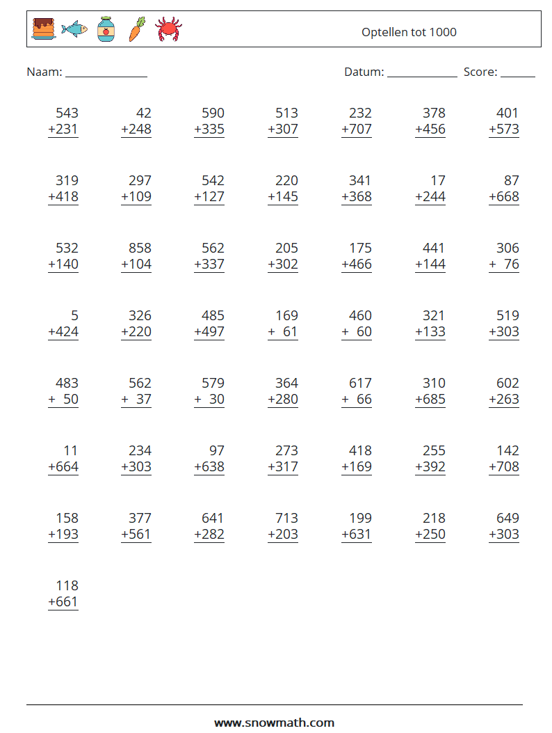 (50) Optellen tot 1000 Wiskundige werkbladen 12