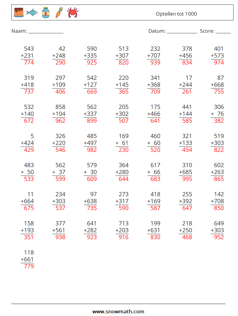 (50) Optellen tot 1000 Wiskundige werkbladen 12 Vraag, Antwoord