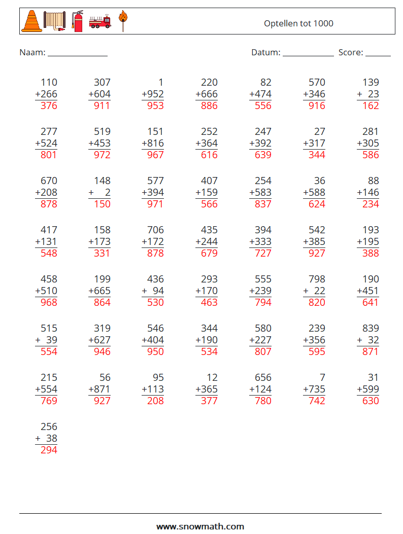(50) Optellen tot 1000 Wiskundige werkbladen 13 Vraag, Antwoord