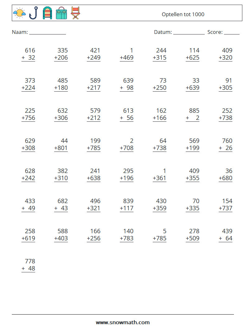 (50) Optellen tot 1000 Wiskundige werkbladen 14