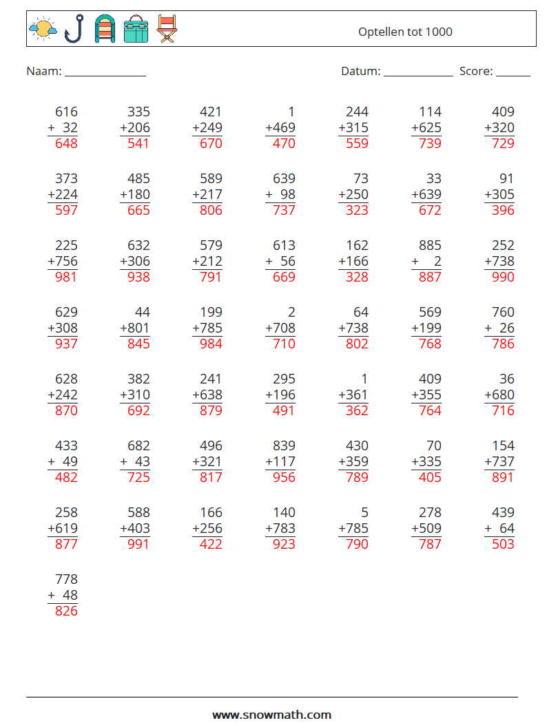 (50) Optellen tot 1000 Wiskundige werkbladen 14 Vraag, Antwoord