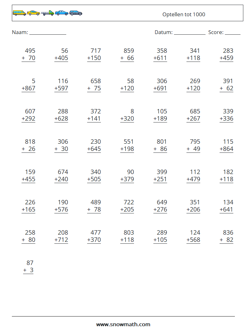(50) Optellen tot 1000 Wiskundige werkbladen 15
