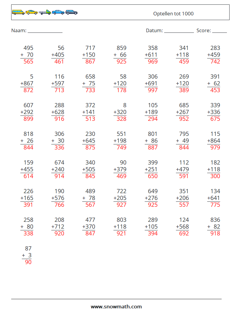 (50) Optellen tot 1000 Wiskundige werkbladen 15 Vraag, Antwoord