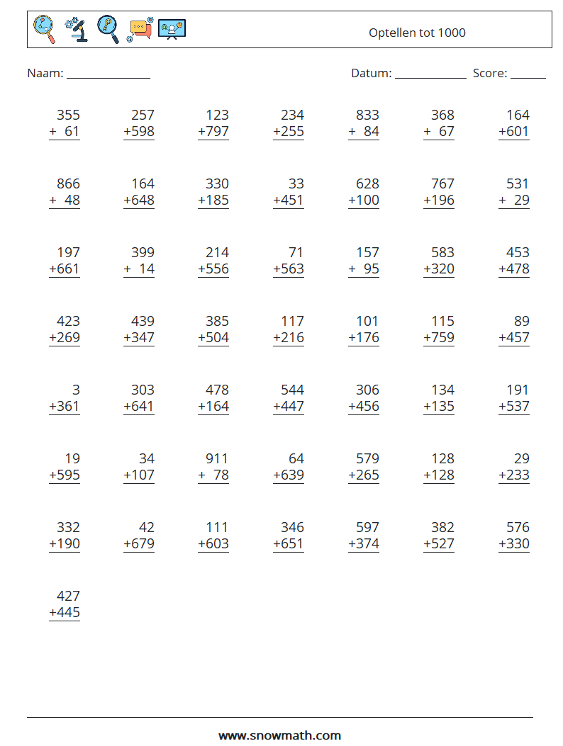 (50) Optellen tot 1000 Wiskundige werkbladen 16