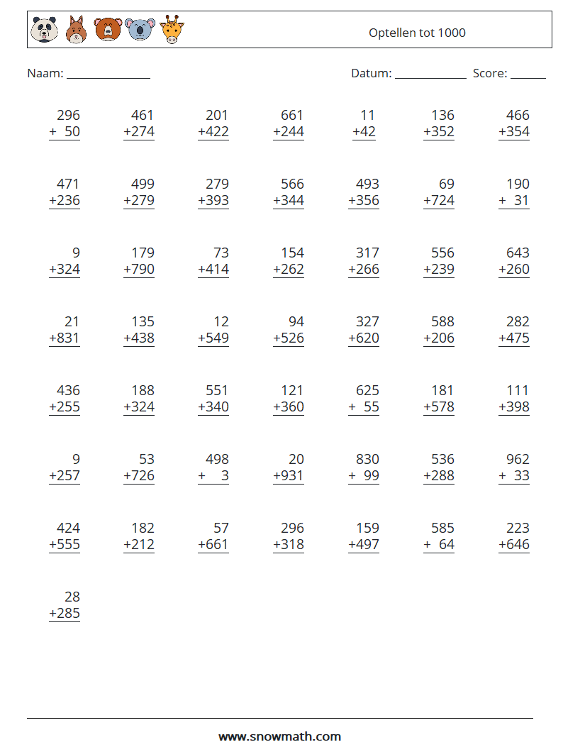 (50) Optellen tot 1000 Wiskundige werkbladen 17