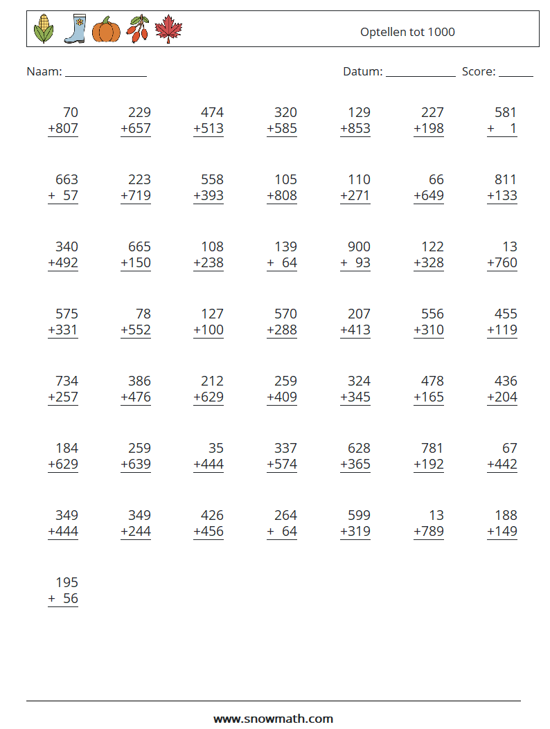 (50) Optellen tot 1000 Wiskundige werkbladen 18