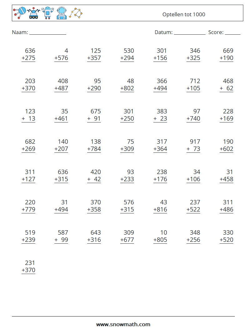 (50) Optellen tot 1000 Wiskundige werkbladen 2