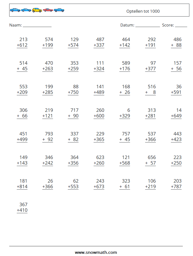 (50) Optellen tot 1000 Wiskundige werkbladen 3