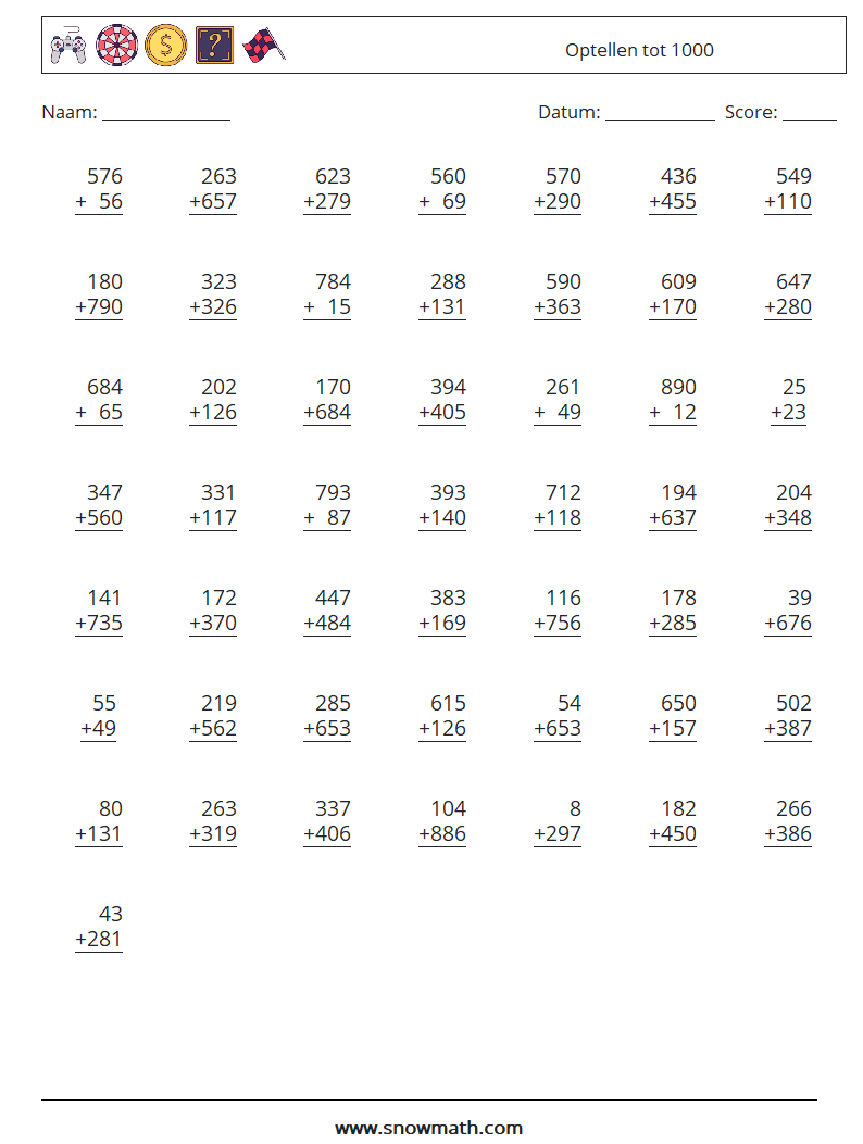 (50) Optellen tot 1000 Wiskundige werkbladen 4