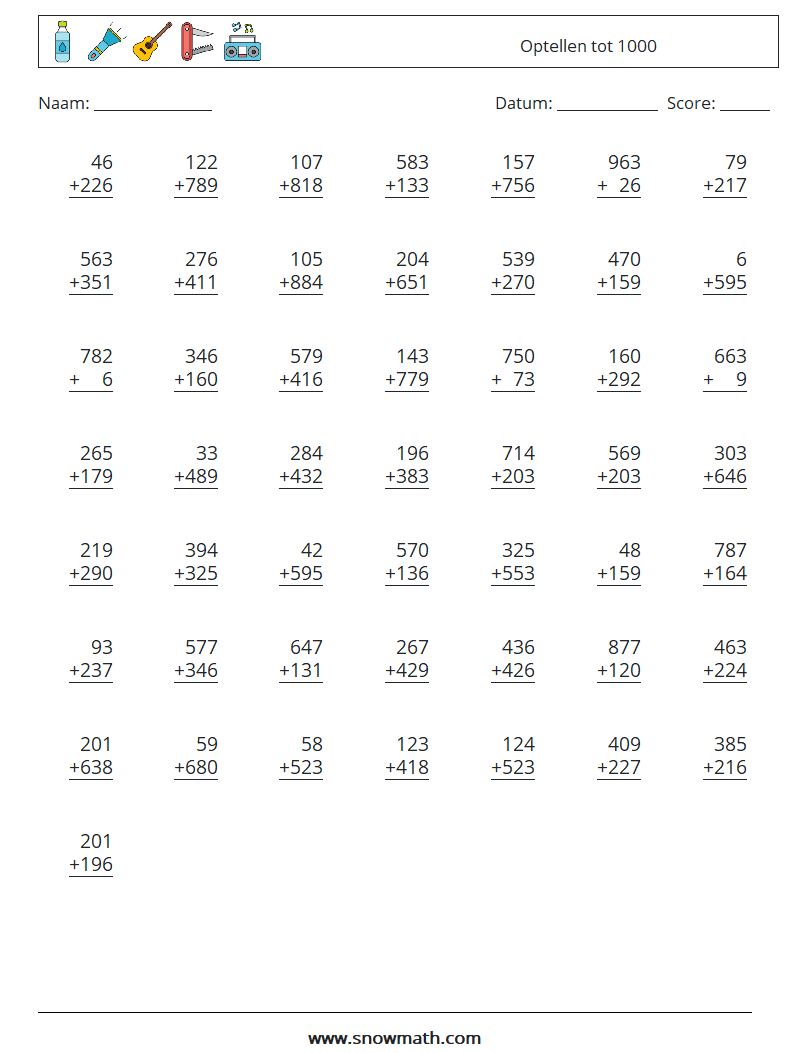 (50) Optellen tot 1000 Wiskundige werkbladen 5