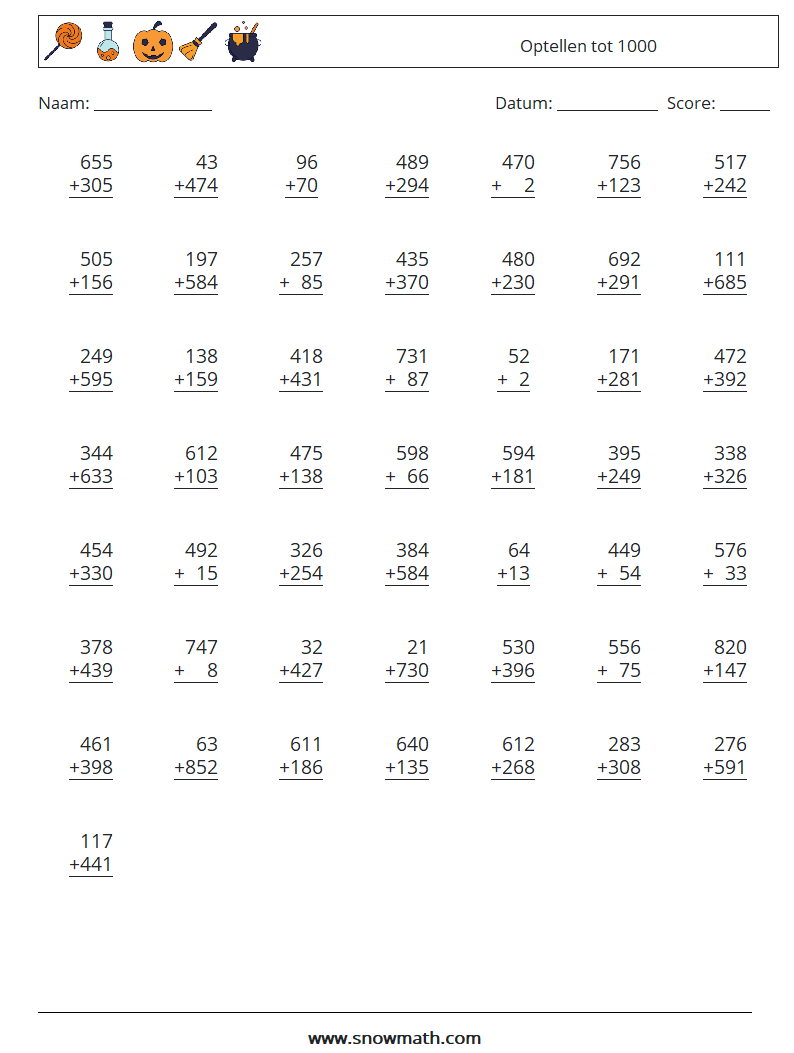 (50) Optellen tot 1000 Wiskundige werkbladen 7