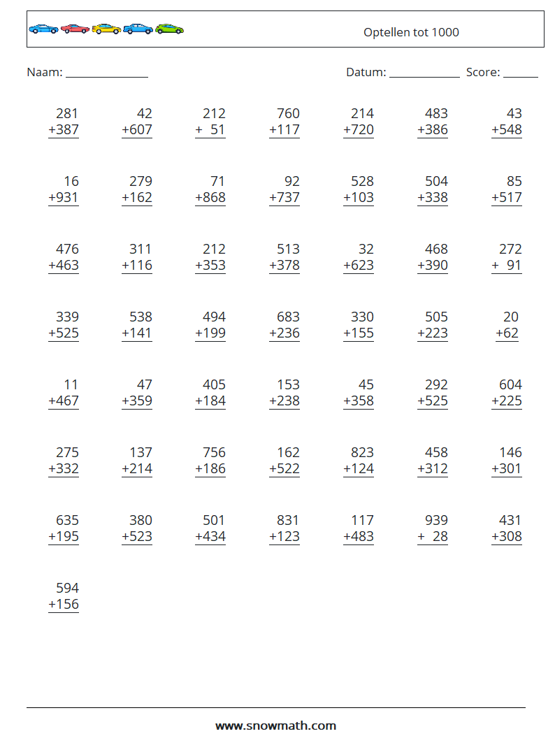 (50) Optellen tot 1000 Wiskundige werkbladen 9