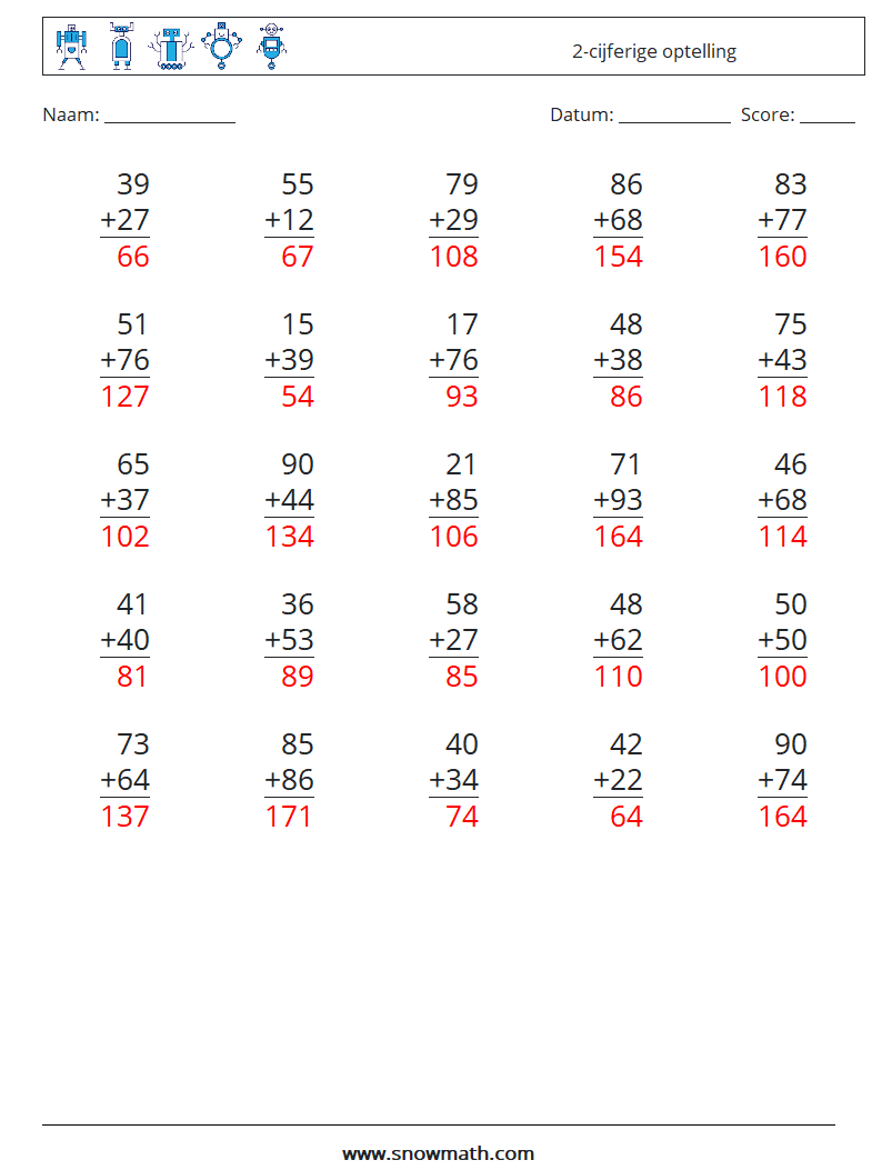 (25) 2-cijferige optelling Wiskundige werkbladen 12 Vraag, Antwoord