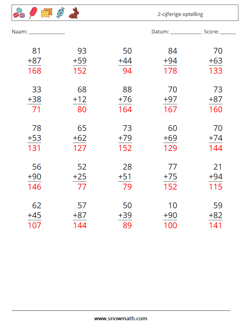 (25) 2-cijferige optelling Wiskundige werkbladen 16 Vraag, Antwoord