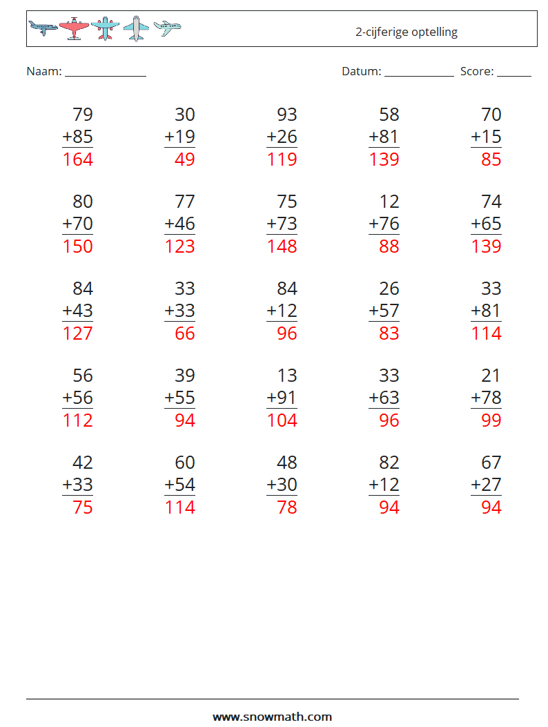 (25) 2-cijferige optelling Wiskundige werkbladen 17 Vraag, Antwoord