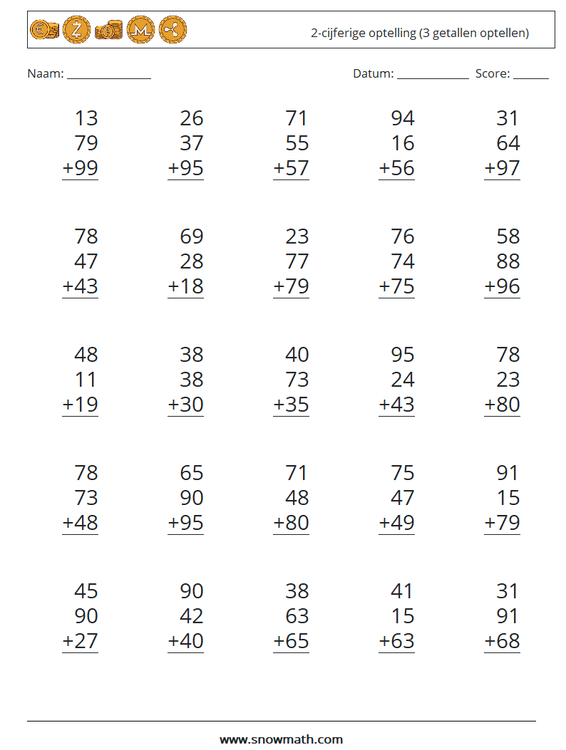 (25) 2-cijferige optelling (3 getallen optellen) Wiskundige werkbladen 10