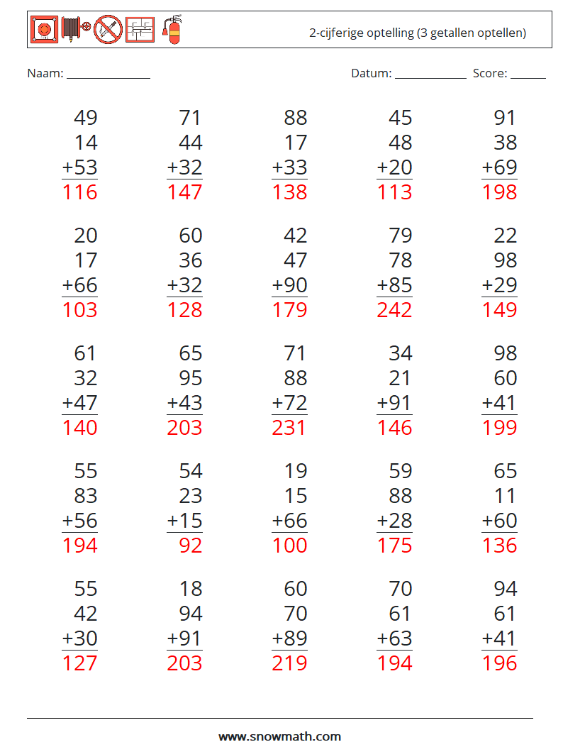 (25) 2-cijferige optelling (3 getallen optellen) Wiskundige werkbladen 12 Vraag, Antwoord