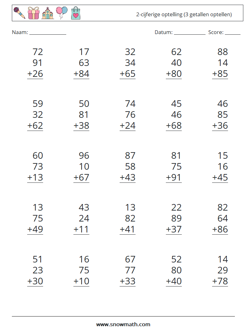 (25) 2-cijferige optelling (3 getallen optellen) Wiskundige werkbladen 13